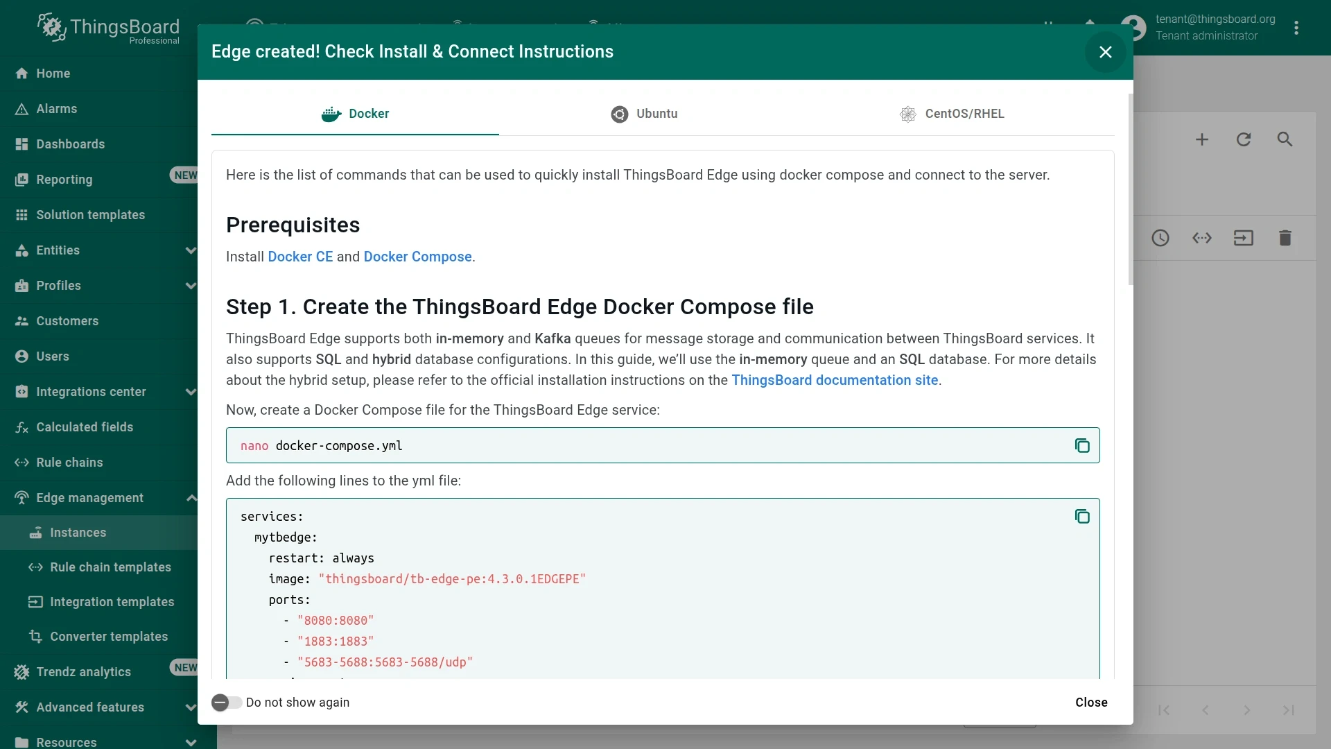 Pre-configured install and connect instructions dialog showing commands with Edge credentials pre-filled