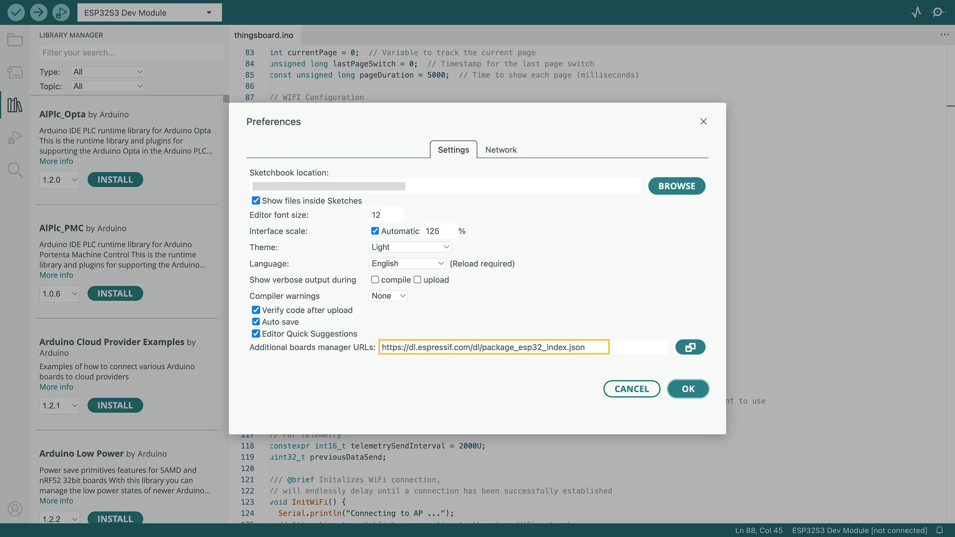 Go to **File > Preferences** and add the following URL to the **Additional Boards Manager URLs** field: https://dl.espressif.com/dl/package_esp32_index.json