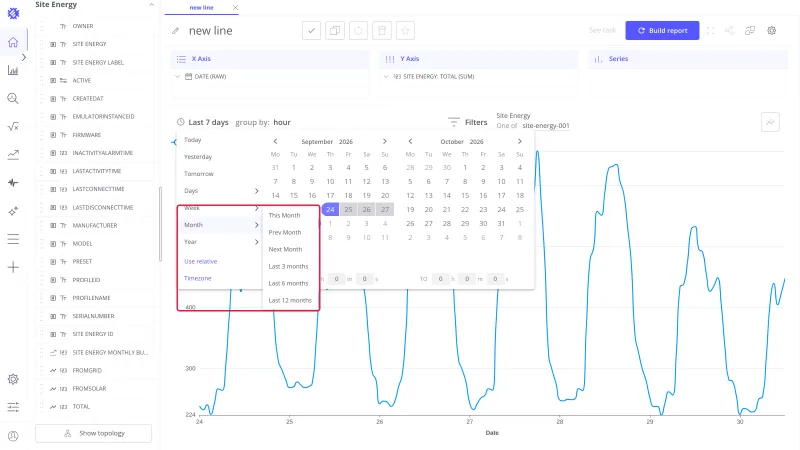 Date picker with the Month group open, listing This Month, Prev Month, Next Month and Last 3, 6, 12 months