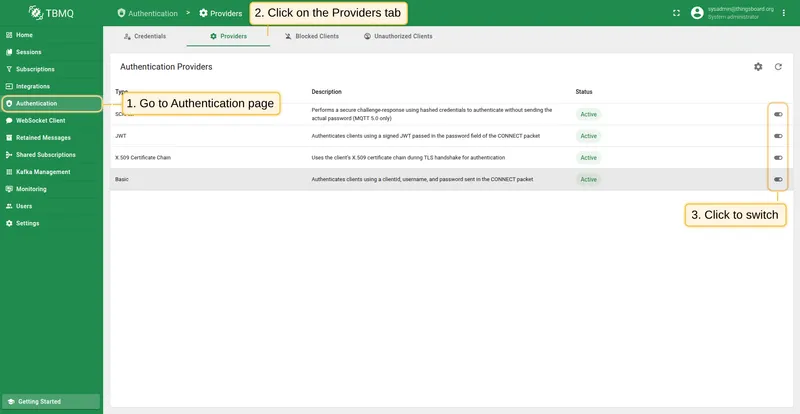 Toggle X.509 authentication provider from the Providers table