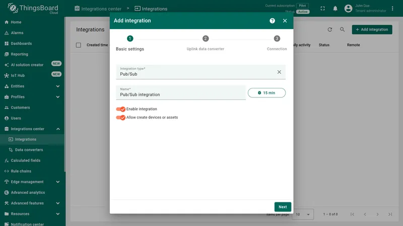 Add integration wizard — Basic settings: Integration type set to Pub/Sub, name Pub/Sub integration, Enable integration and Allow create devices or assets on