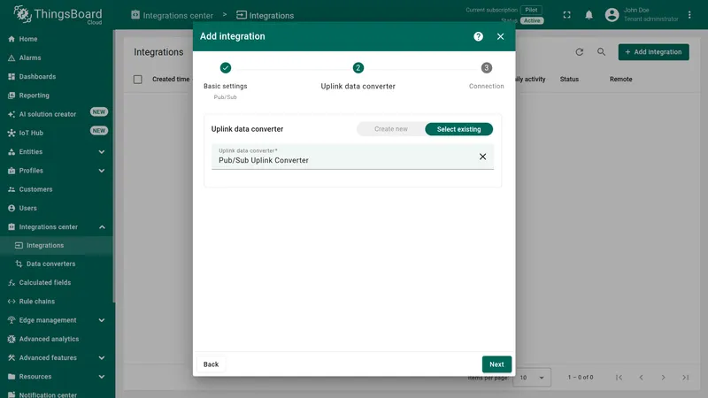Add integration wizard — Uplink data converter: Select existing selected, Pub/Sub Uplink Converter chosen