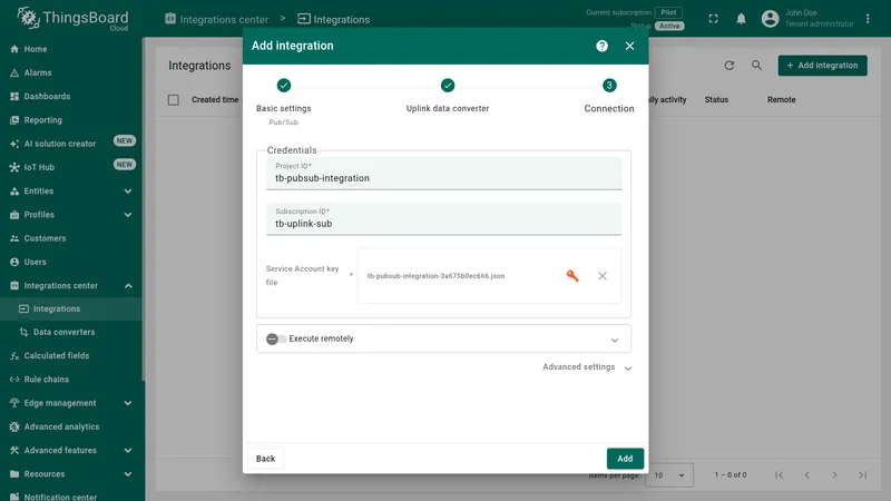 Add integration wizard — Connection step: Project ID tb-pubsub-integration, Subscription ID tb-uplink-sub, service account key file uploaded