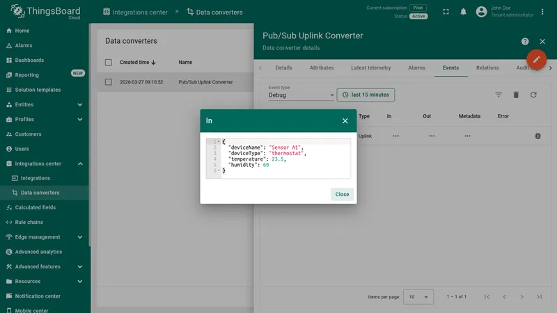 Converter event In dialog — raw JSON payload: deviceName Sensor A1, deviceType thermostat, temperature 23.5, humidity 60