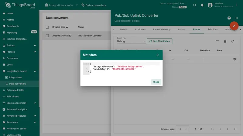 Converter event Metadata dialog — integrationName: Pub/Sub integration, pubSubMsgId: 14153284610310003