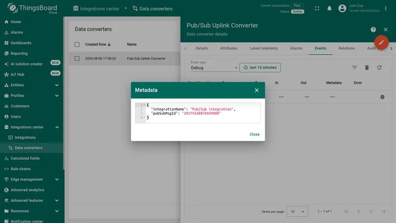 Converter event Metadata dialog — integrationName: Pub/Sub integration, pubSubMsgId: 20174338876929080