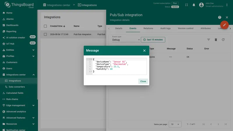 Integration event Message dialog showing raw JSON: deviceName, deviceType, temperature, humidity