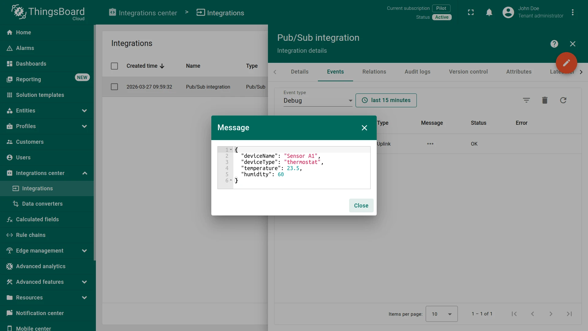 Integration Events tab with Message dialog showing raw JSON: deviceName, deviceType, temperature, humidity