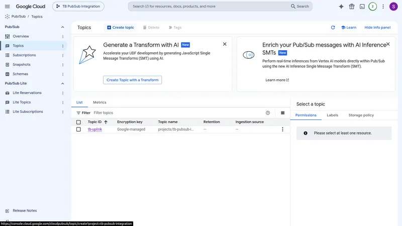 GCP Pub/Sub Topics list with Create topic button
