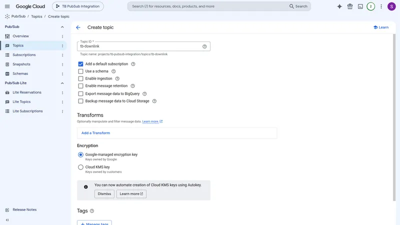 Create topic form with Topic ID field set to tb-downlink and Add a default subscription checked