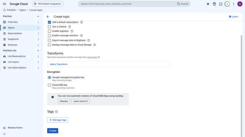 Create topic form scrolled down to the Create button