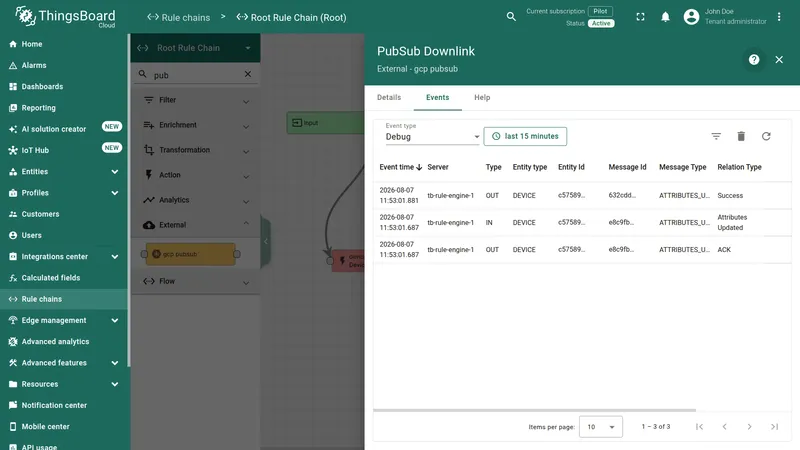 gcp pubsub node Events tab listing a debug event with Type OUT and Relation Type Success