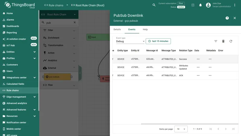 gcp pubsub node Events tab scrolled to show Data and Metadata columns with "…" actions