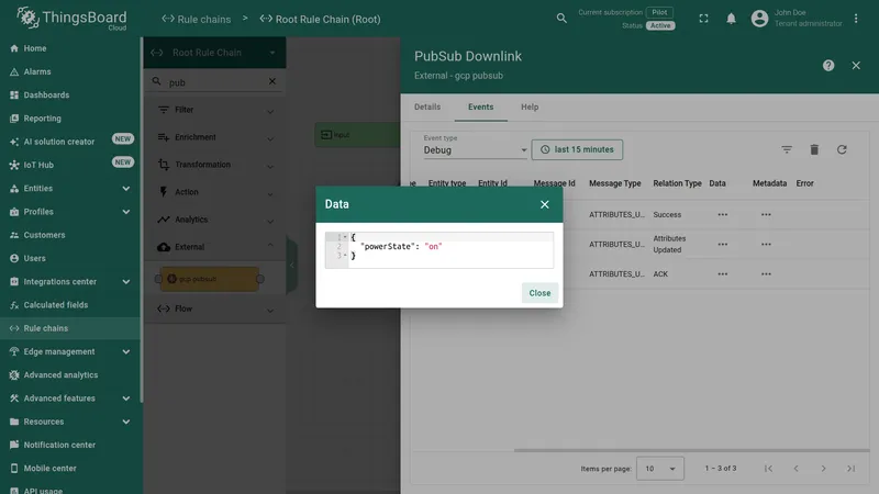 Data dialog showing the published JSON payload: powerState on