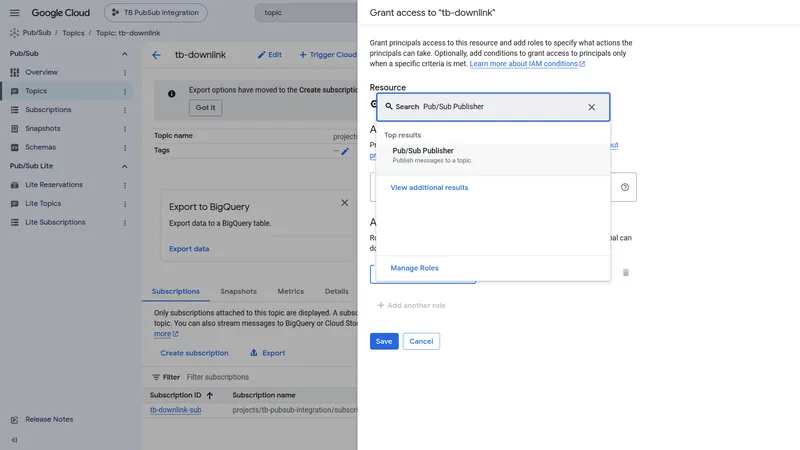 Grant access to tb-downlink panel with Assign roles search showing Pub/Sub Publisher