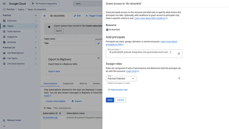 Grant access to tb-downlink panel with the service account email entered as a new principal and Pub/Sub Publisher role selected