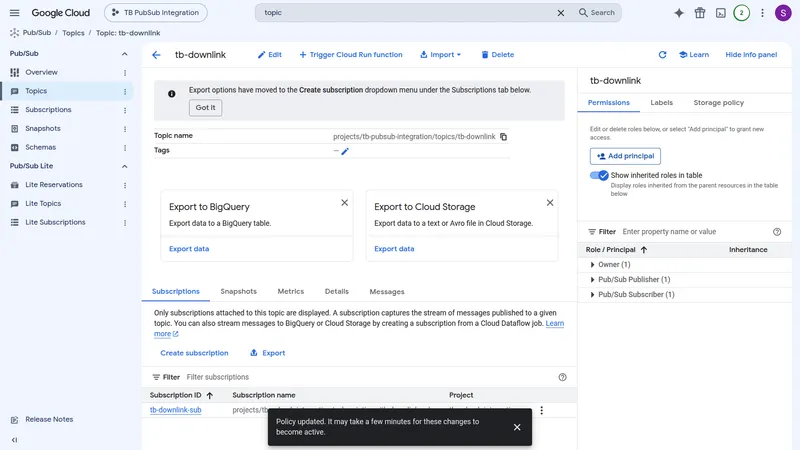 tb-downlink topic Permissions tab listing Owner, Pub/Sub Publisher, and Pub/Sub Subscriber roles