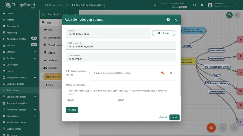 Add rule node: gcp pubsub dialog with Name PubSub Downlink, GCP project ID tb-pubsub-integration, Topic name tb-downlink, and a service account key file uploaded