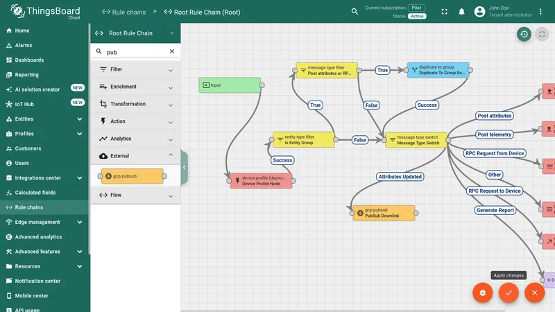Root Rule Chain canvas with the new gcp pubsub PubSub Downlink node connected to receive attribute update messages, Apply changes button highlighted