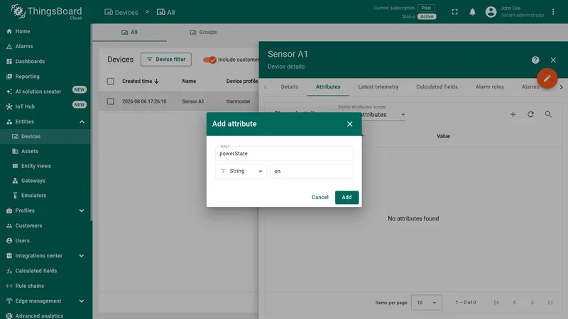 Add attribute dialog on device Sensor A1 with Key powerState, type String, value on
