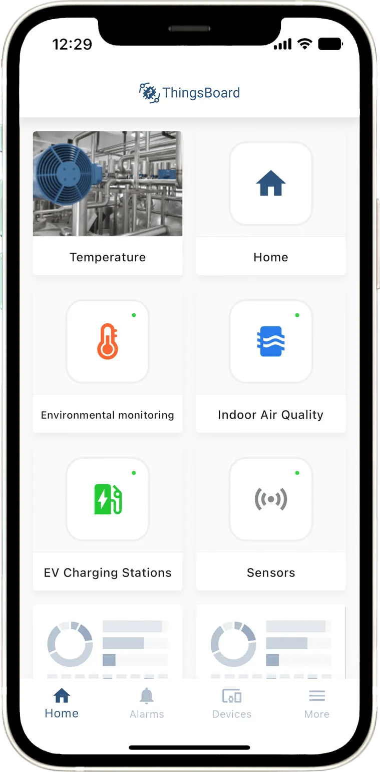 Mobile app showing the ThingsBoard dashboard after successful QR login