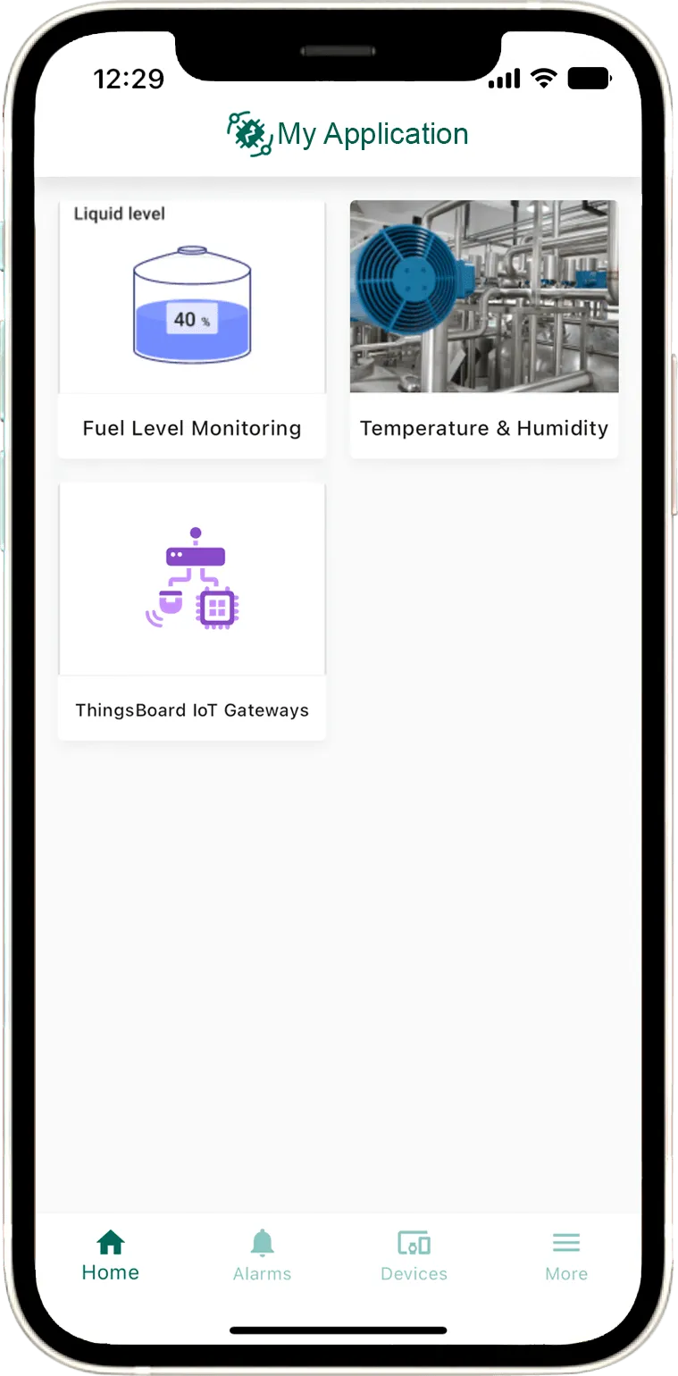 Mobile app showing the ThingsBoard dashboard after successful QR login