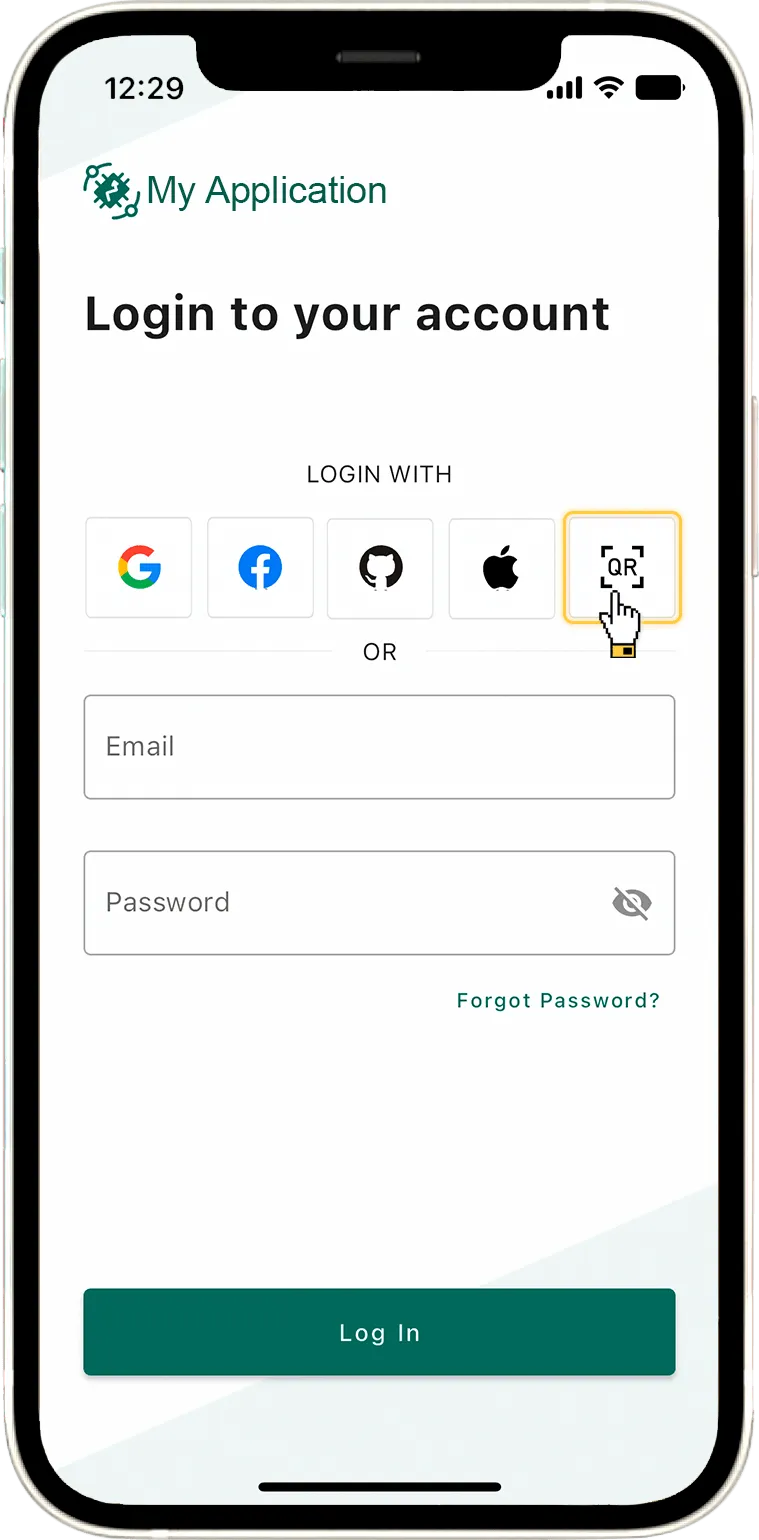 Mobile app login screen showing login options including Google, Facebook, GitHub, Apple, and a QR code icon