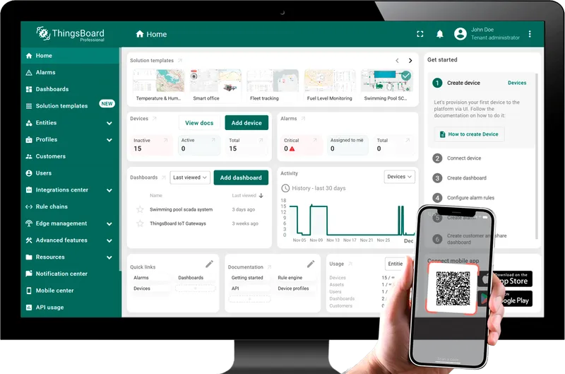 Desktop ThingsBoard dashboard alongside a hand holding a phone scanning the QR code widget