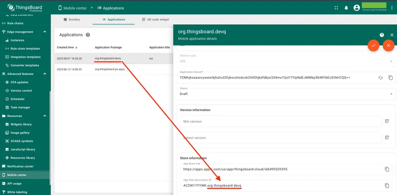 App Site Association ID field in app store info settings