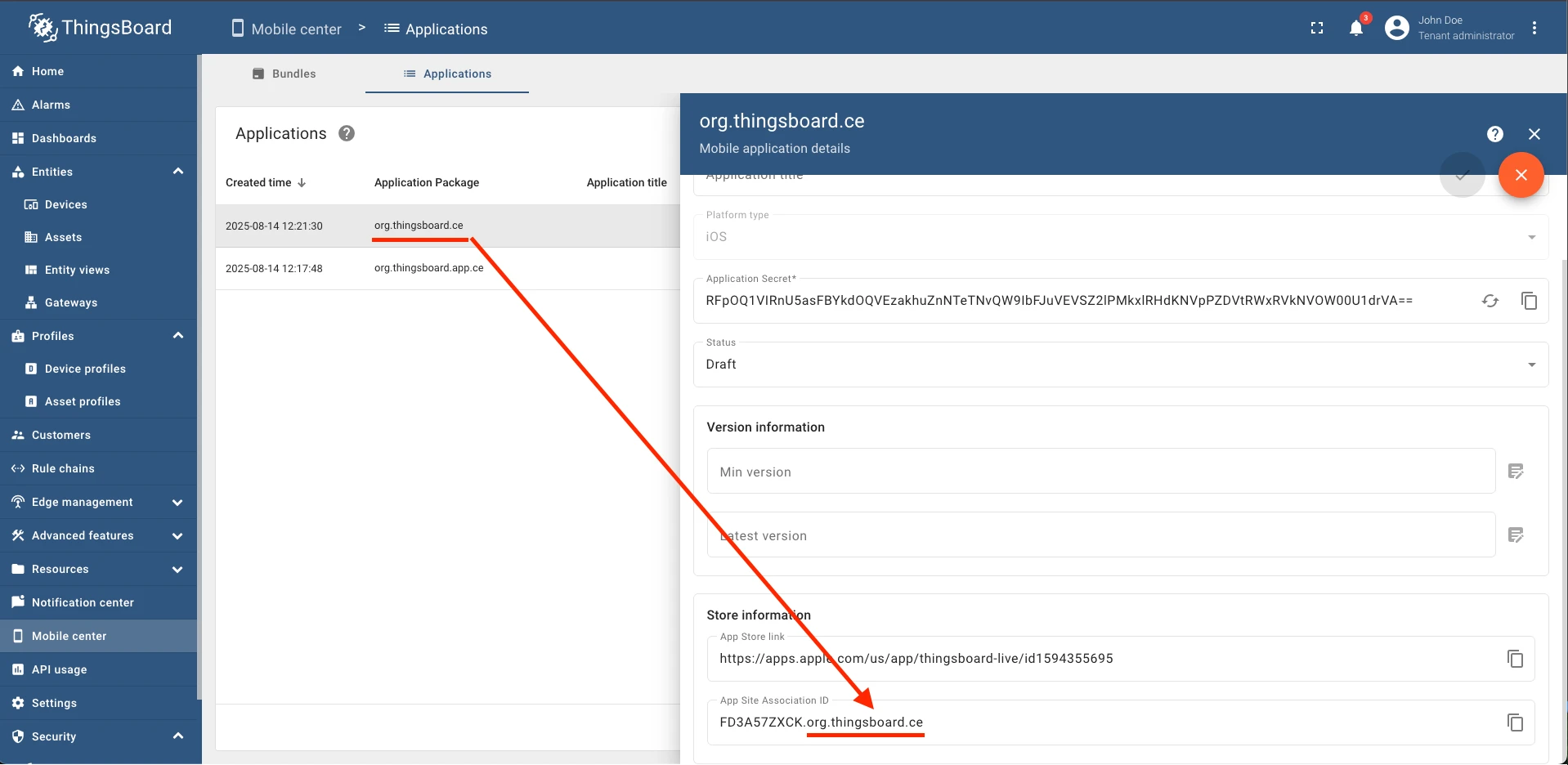 App Site Association ID field in app store info settings
