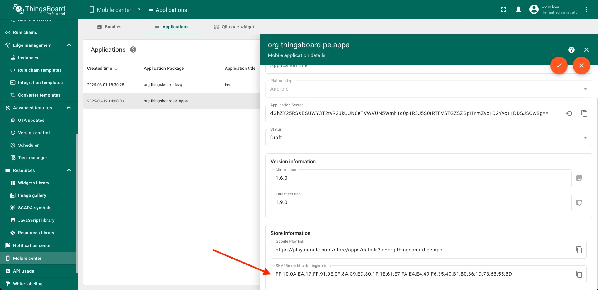 SHA-256 fingerprint field in Android app settings