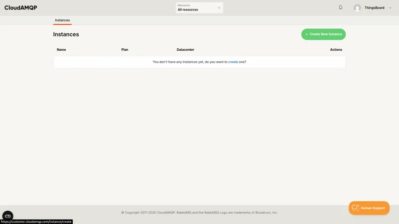 CloudAMQP Instances page with no instances yet and the Create New Instance button