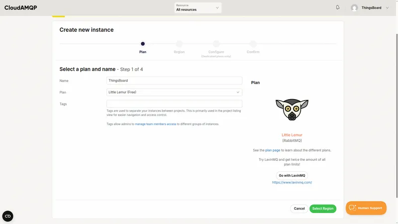 CloudAMQP create new instance wizard, Plan step, with Name set to ThingsBoard and the Little Lemur Free plan selected