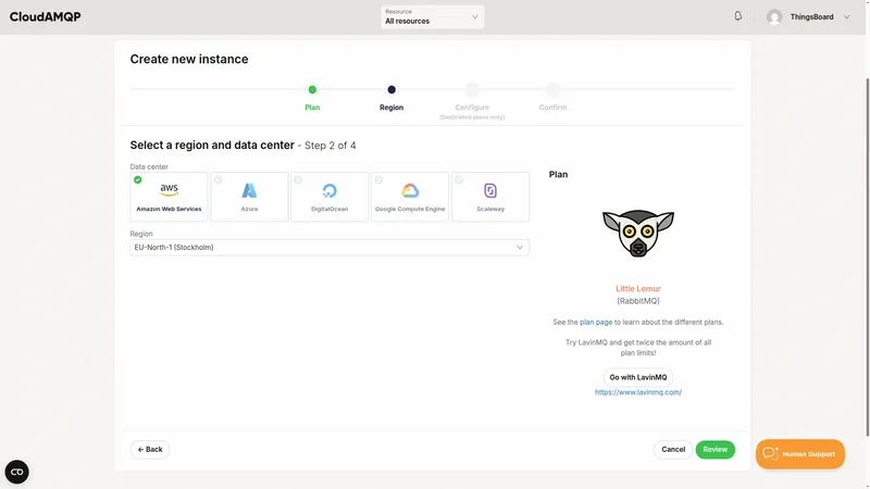 CloudAMQP create new instance wizard, Region step, with Amazon Web Services selected as data center and Region set to EU-North-1 Stockholm