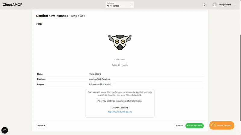 CloudAMQP create new instance wizard, Confirm step, showing the plan, name, platform, and region summary with a Create instance button