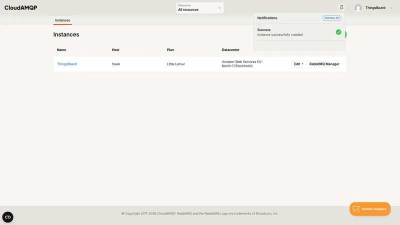 CloudAMQP Instances page with a success notification and the newly created ThingsBoard instance listed
