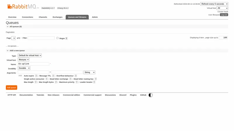 RabbitMQ Management UI, Queues and Streams page, with the Add a new queue form open, Name set to tb-uplink and Durability set to Durable