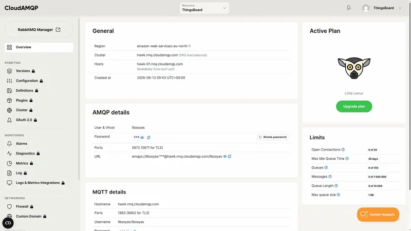 CloudAMQP instance Overview page showing the General section with the Cluster hostname and the AMQP details section with User and Vhost, Password, Ports, and URL
