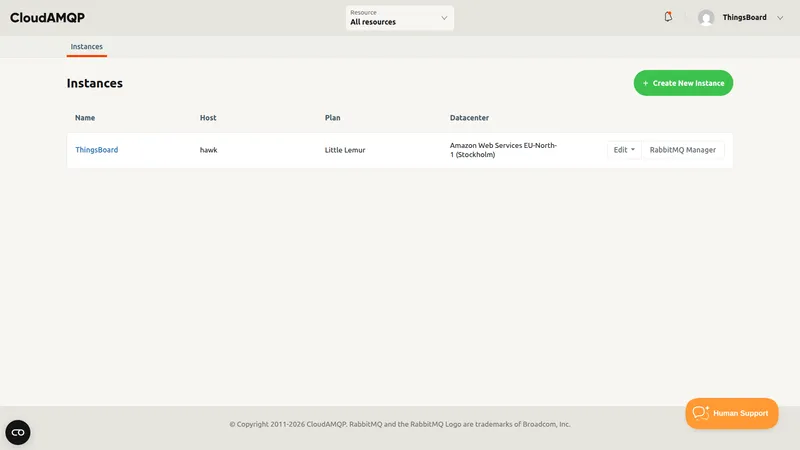CloudAMQP console — Instances page showing a ThingsBoard instance on the Little Lemur (Free) plan