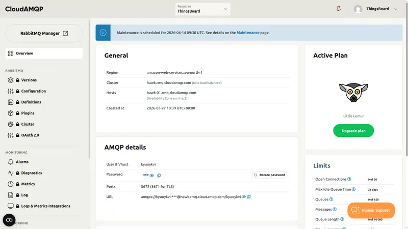 CloudAMQP instance Overview page — AMQP URL, User & Vhost, and Password fields