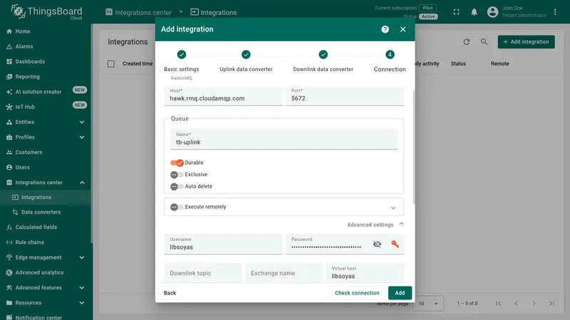 Add integration wizard — Connection step: Host hawk.rmq.cloudamqp.com, Port 5672, Queue Name tb-uplink with Durable on, Exclusive and Auto delete off; Advanced settings expanded showing Username llbsoyas, Password, empty Downlink topic and Exchange name, and Virtual host llbsoyas
