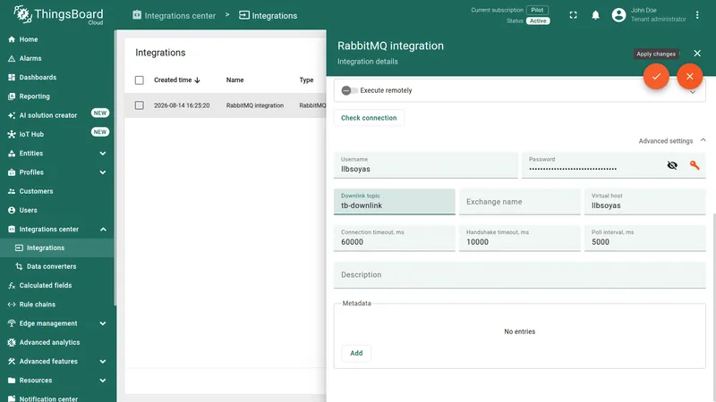 RabbitMQ integration Advanced settings in edit mode — Downlink topic: tb-downlink, Exchange name empty, Virtual host: llbsoyas, Apply changes button highlighted