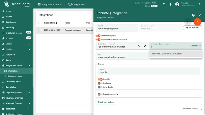RabbitMQ integration in edit mode — Downlink data converter dropdown open with RabbitMQ Downlink Converter listed