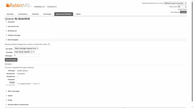 RabbitMQ Management UI, queue tb-downlink, Get messages result — Exchange: (AMQP default), Routing Key: tb-downlink, Payload: {"powerState":"on"}