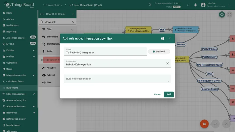 Add rule node: integration downlink dialog — Name: To RabbitMQ Integration, Integration: RabbitMQ integration selected