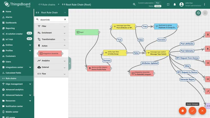 Root Rule Chain — integration downlink node (To RabbitMQ Integration) connected from Message Type Switch via the Attributes Updated relation, Apply changes button highlighted