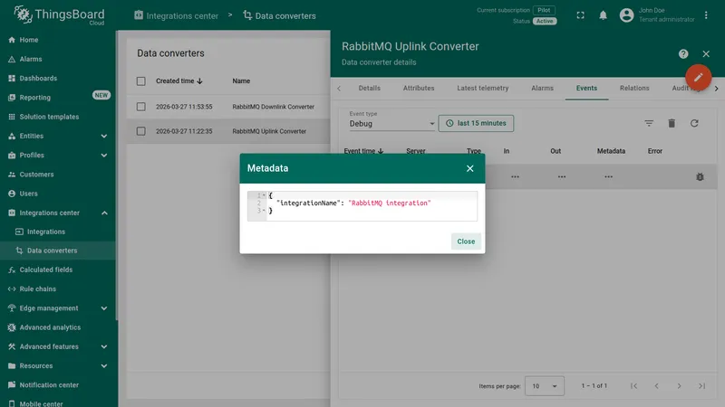 Converter event Metadata dialog — integrationName: RabbitMQ integration