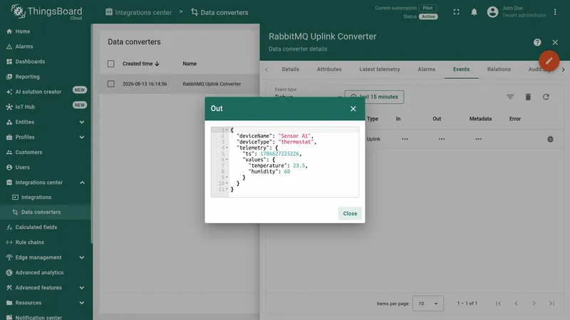 Converter event Out dialog — decoded result with deviceName, deviceType, and telemetry (temperature 23.5, humidity 60)