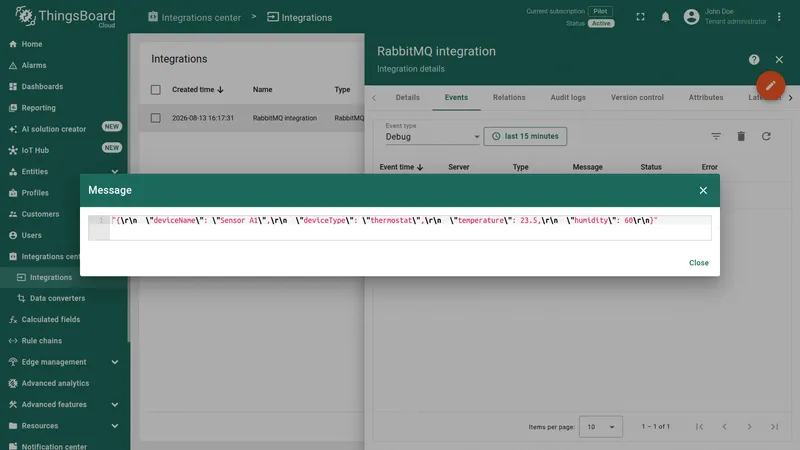 Integration Events tab — Message dialog showing raw JSON: deviceName Sensor A1, deviceType thermostat, temperature 23.5, humidity 60