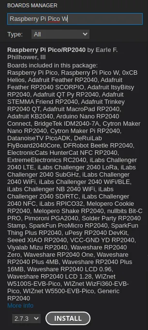 Go to the **Tools** > **Board** > **Board Manager** and install the ***Raspberry Pi Pico/RP2040 by Earle F. Philhower*** board.